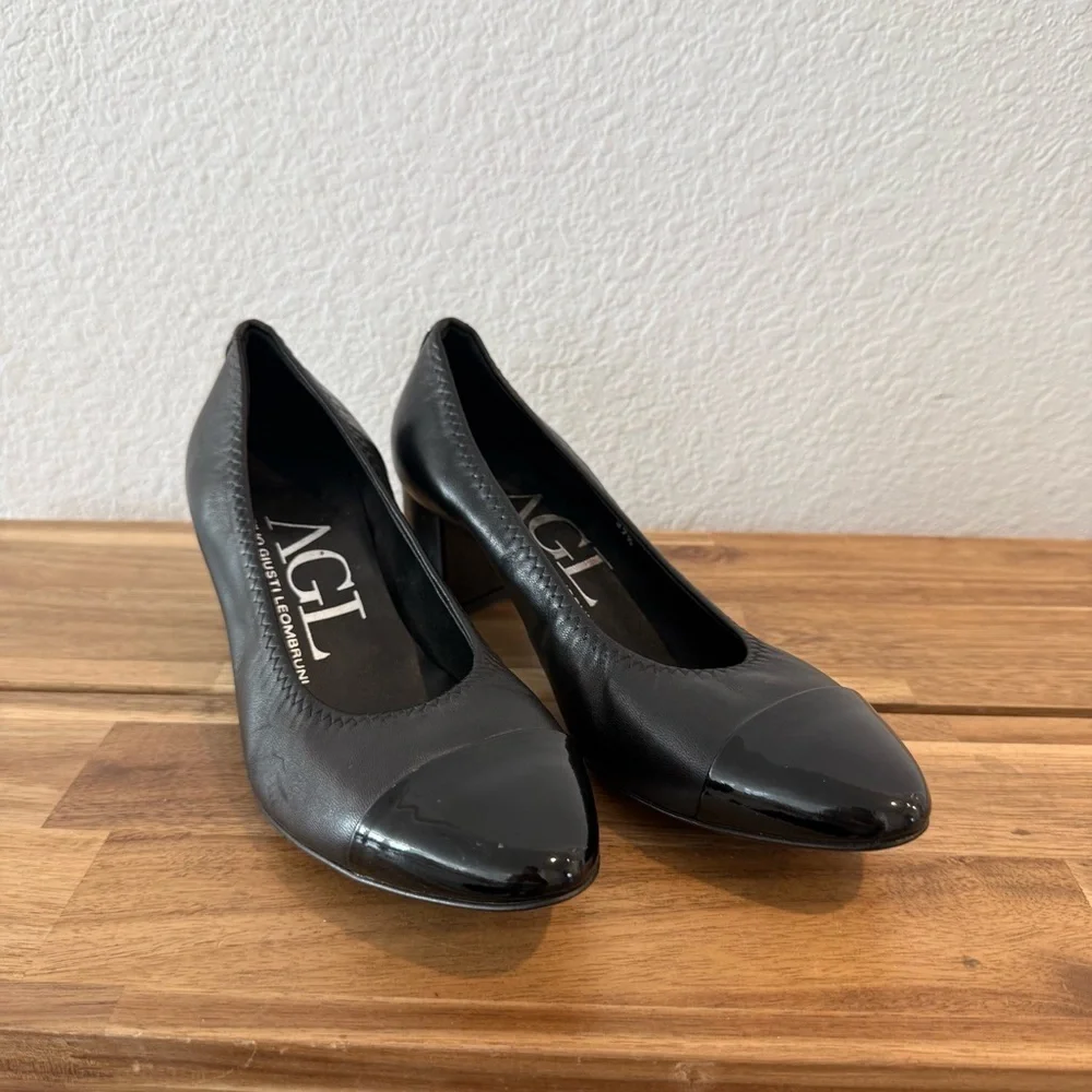 AGL- Black Leather Cap Toe Block Heels - Size 7.5